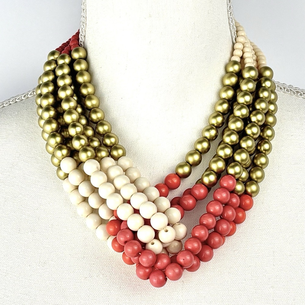 Multistrand Beaded Statement Necklace Coral Ivory Gold Boho Bib Artisan 20”